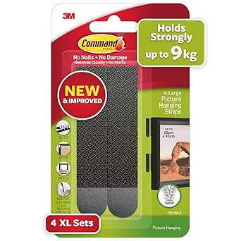 XL Picture Hanging Strips 9kg Black 4pk