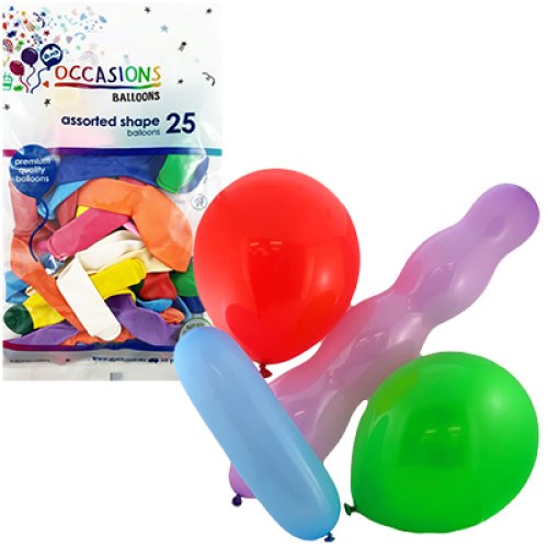 Alpen Occasions Latex Balloons Assorted Shapes and Colours, 25 Pack