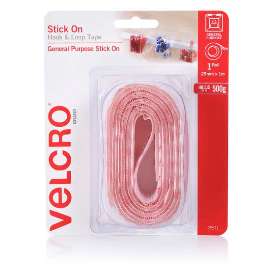 Velcro General Purpose Stick-On Hook & Loop Tape White 25mm x 1m