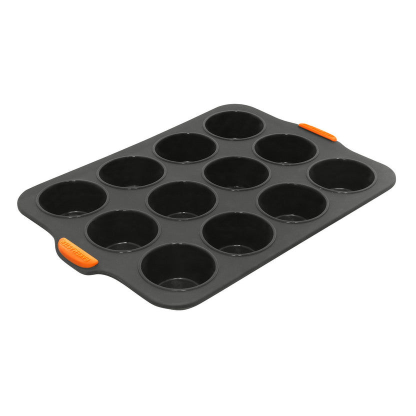 Bakemaster Silicone 12 Cup Muffin Pan – Reinforced Steel Frame, Grey