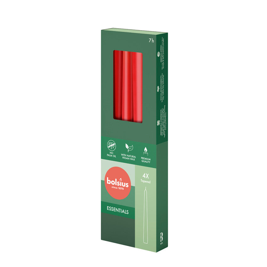 Bolsius Essentials Tapered Candles (Box 4) Red - 245mm x24Ø 7.5hr
