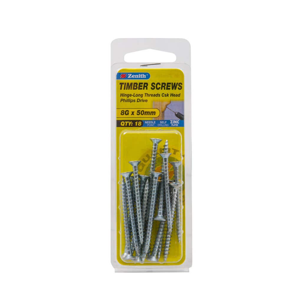 Timber Screws Hinge-Long Threads CSK Head Phillips Drive 8G x 50mm - 18 Pack