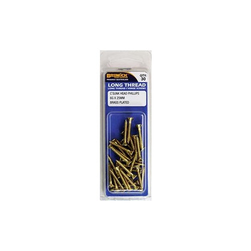 Screw Long Thread Hinge Brass Plated 6g X25 Sp30 Bremick