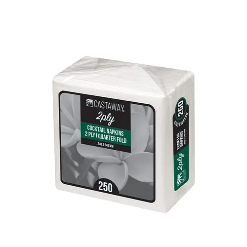Castaway 2-Ply Cocktail Napkins Quarter Fold White 230 x 230mm – Pack of 250