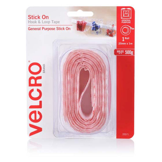 Velcro General Purpose Stick-On Hook & Loop Tape White 25mm x 1m