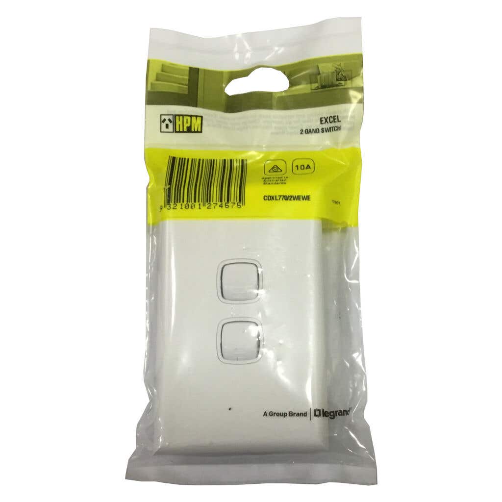 HPM Excel 2 Gang Wall Switch White 10A 240V