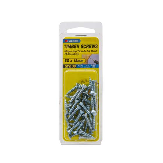 Zenith Hinge-Long Thread Timber Screws Zinc Plated 8G x 20mm – 35 Pack