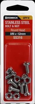 Bremick Round Head Bolt & Nut SS316 M6 x 12mm – Pack of 6
