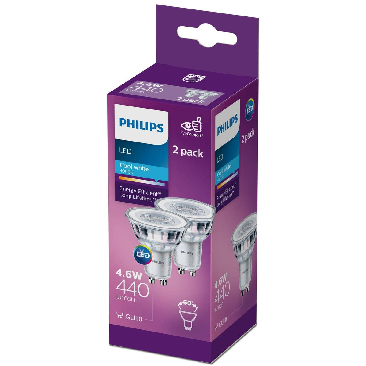 Philips LED Downlight Globe Cool White 4.6W 440lm GU10 240V – 2 Pack
