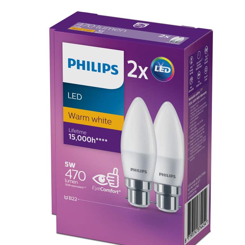 Globe LED Candle 5W BC 470LM Warm White 2pk Philips