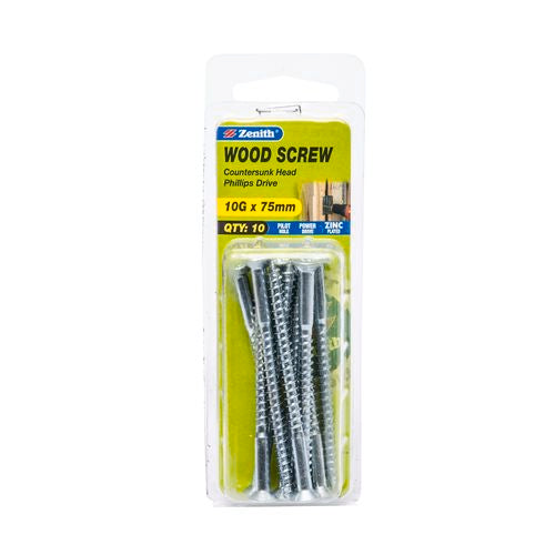 Zinc Plated Wood Screw 10Gx75mm - 10Pk Zenith