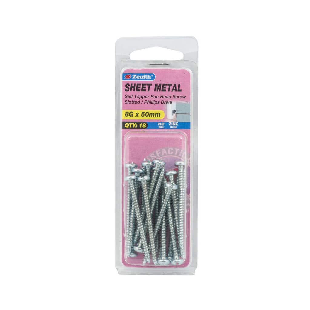 Sheet Metal Self Tapper Pan Head Screw Slotted Phillips Drive 8G x 50mm - 18 Pack