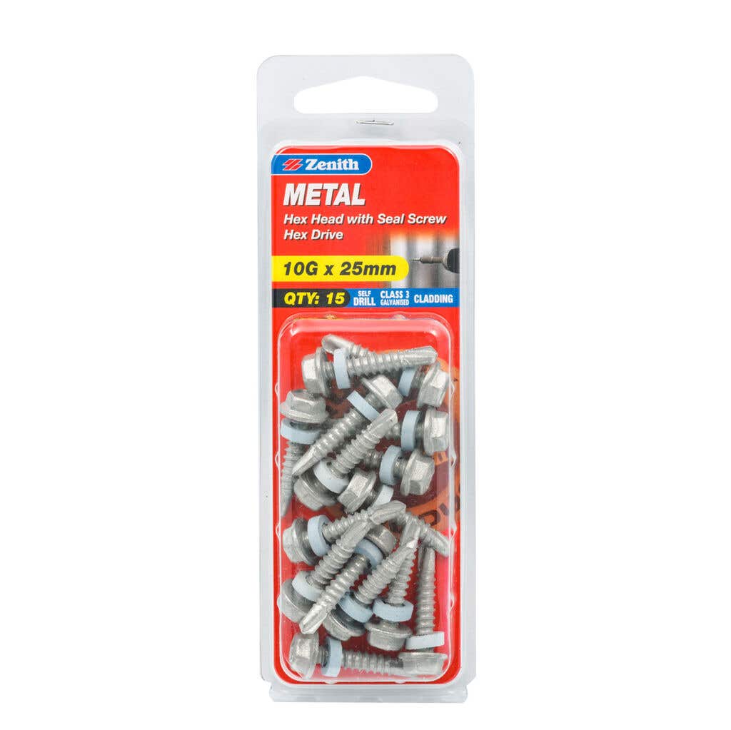 Metal Screw Hex Head with Seal Hex Drive 10G x 25mm - 15 Pack