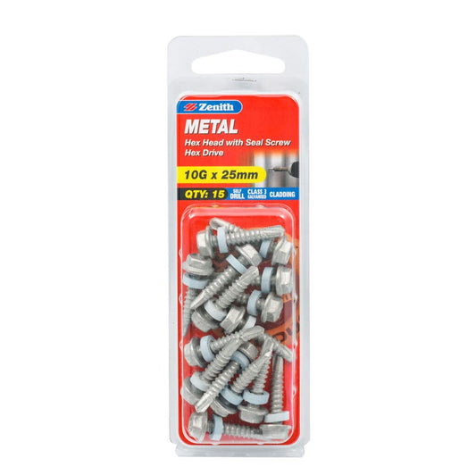Metal Screw Hex Head with Seal Hex Drive 10G x 25mm - 15 Pack