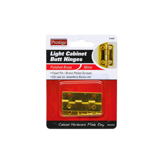 Cabinet Butt Hinges Polished Brass 50mm - 2 Pack - Prestige