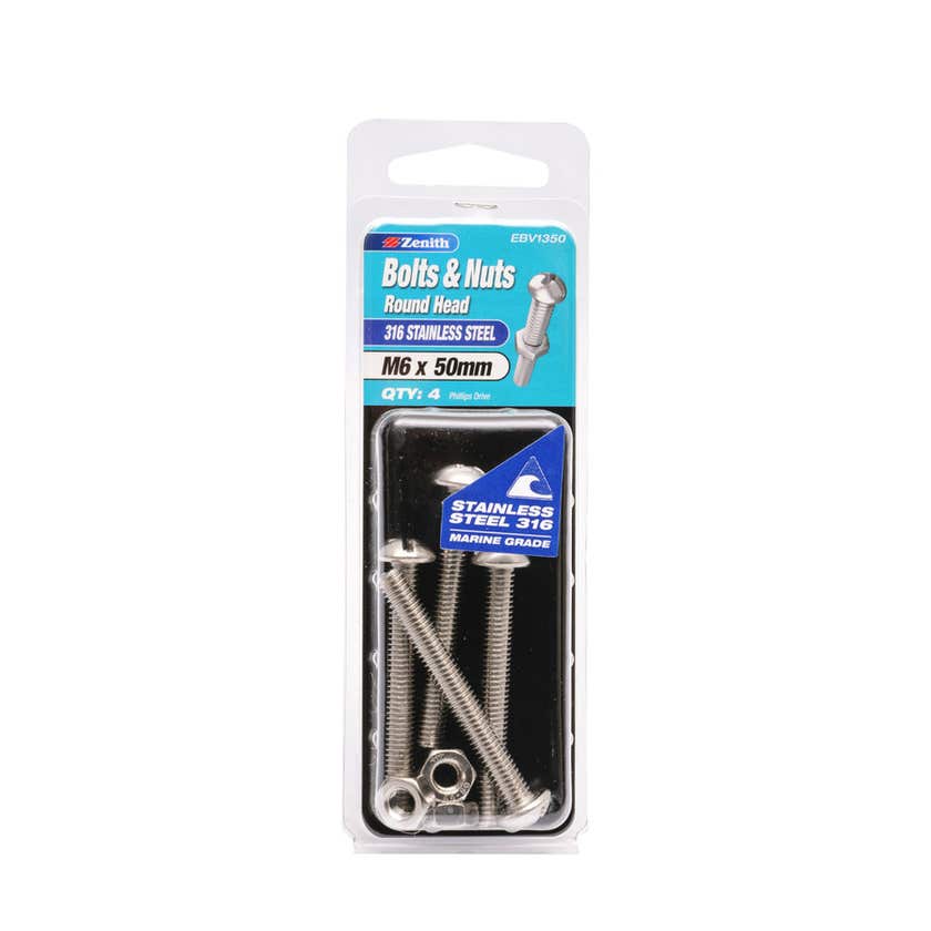 Bolt & Nut Ss316 Round head M6X50mm Pk4
