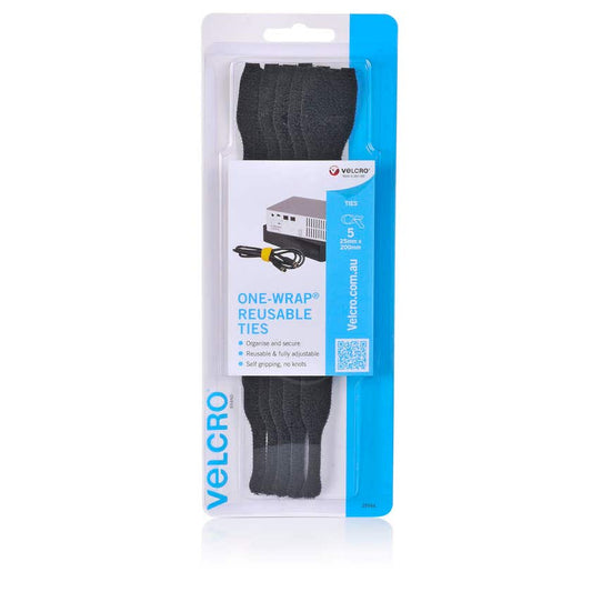 Velcro Reuseable Ties Black 200mm 5pk