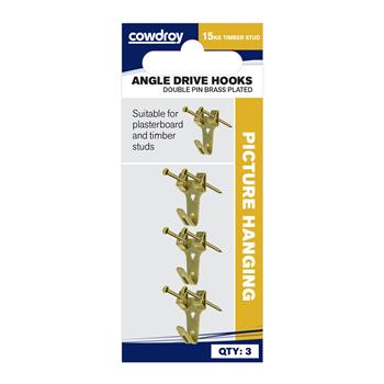 Hook Picture Angle Drive Brass Plated Double Pin 15kg Pk3