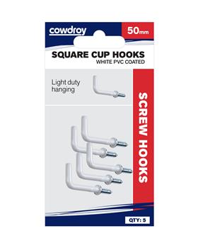 Square Cup Hooks White 50mm PVC Qty-5