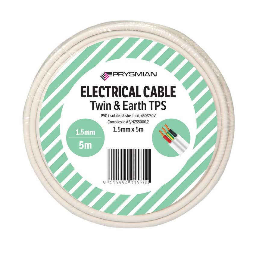 Cable Flat Twin & Earth 1.5mm TPS 5m Roll White - Prysmian