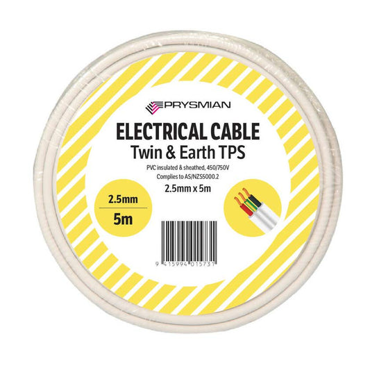 Cable Flat Twin & Earth 2.5mm TPS 5m Roll White - Prysmian
