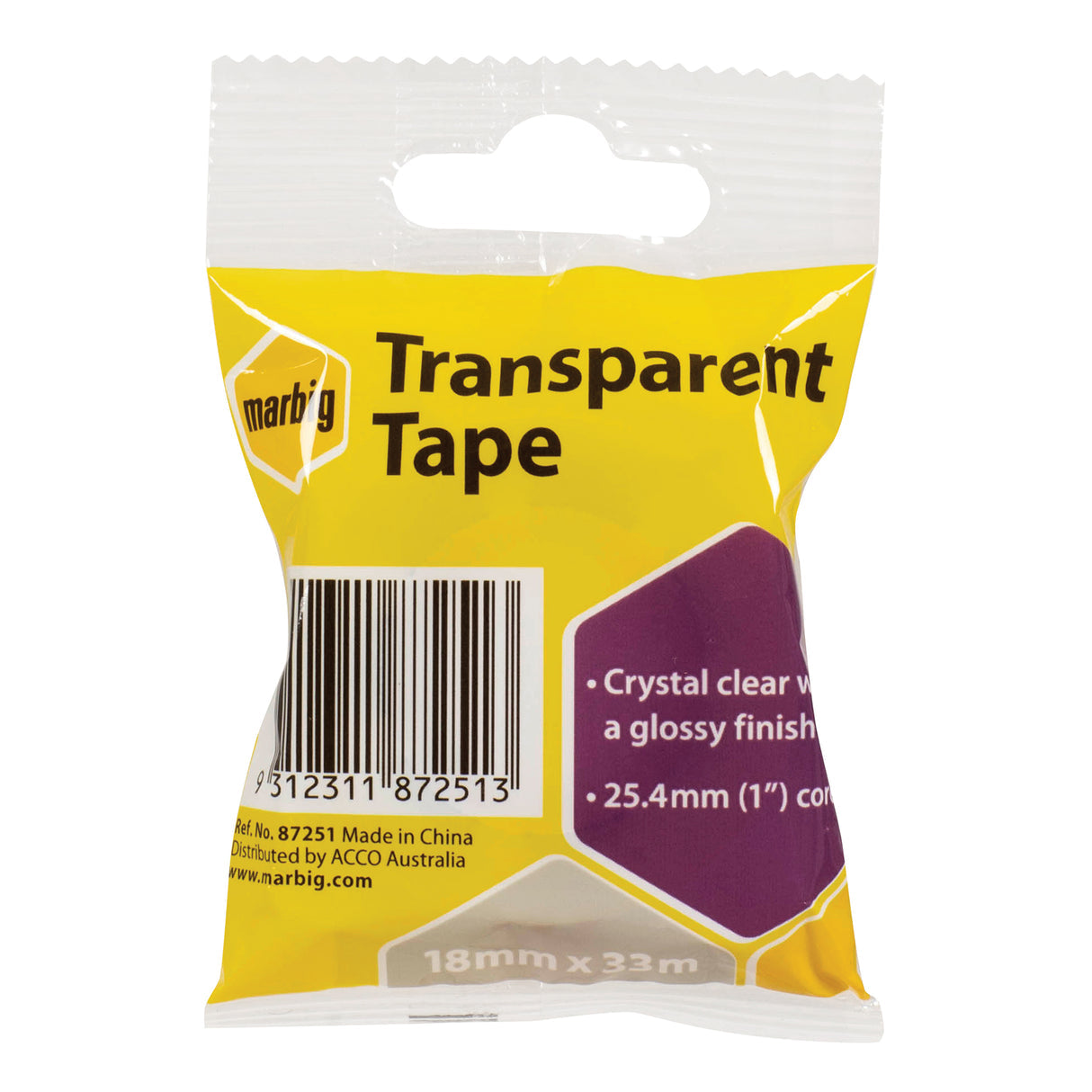 Marbig Office Tape Clear 18mm x 33m – 25.4mm Core