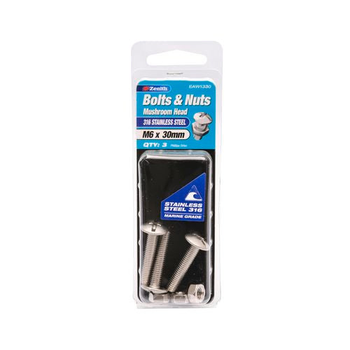 Bolt & Nut Mush Hd Ss316 M6x30 Pk3
