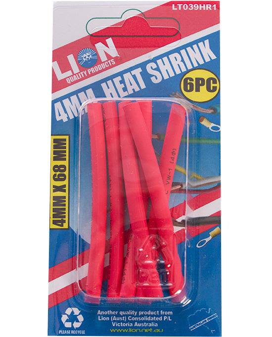 Tubing Heat Shrink 4mmx68mm Red Pk6