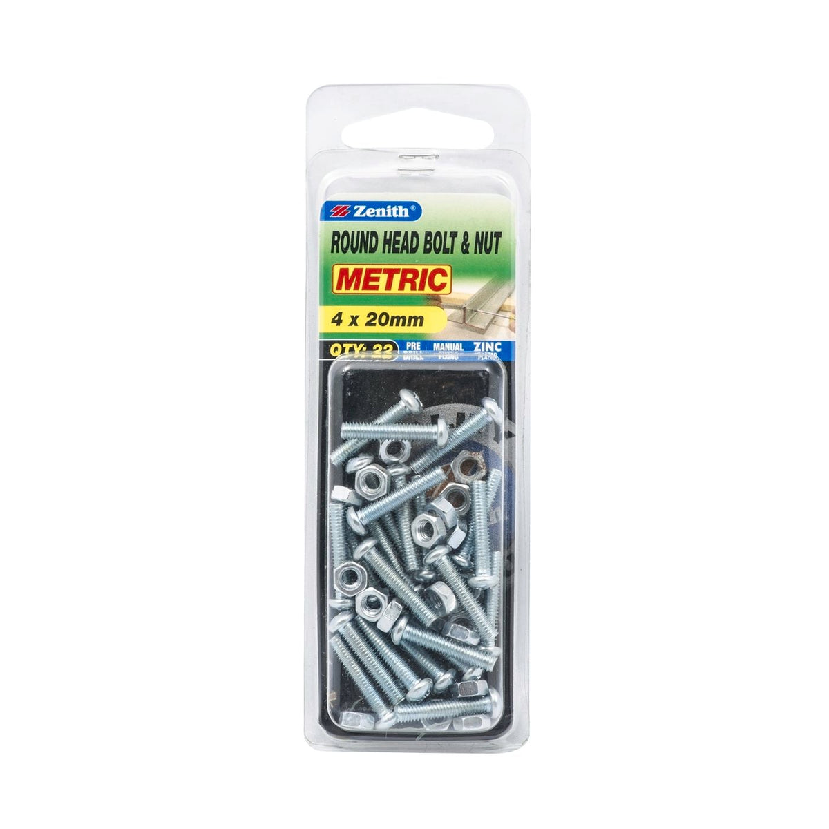 Zenith Round Head Bolt & Nut Zinc Plated M4 x 20mm – 22 Pack